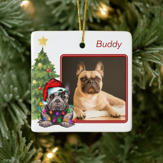 Frans Bulldog Red White Two Photo Dog Kerstmis Keramisch Ornament (Boom)
