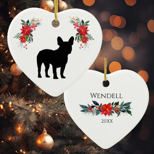 Frans Bulldog Silhouette met naam Poinsettia Keramisch Ornament