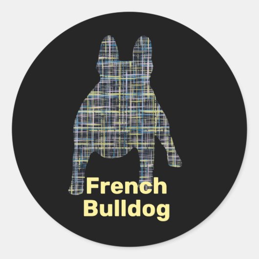 Frans Bulldog Silhouette Yellow & Black Grid Ronde Sticker (Voorkant)