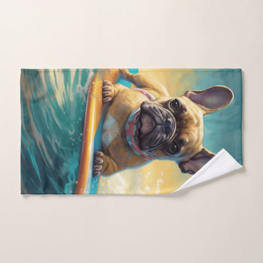 Frans Bulldog strand surfen schilderij Bad Handdoek (Handdoek)