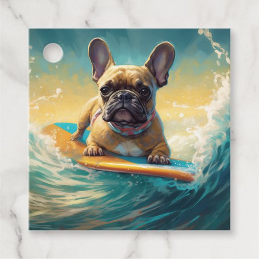 Frans Bulldog strand surfen schilderij Bedankjes Labels (Voorkant)