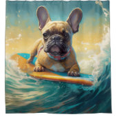 Frans Bulldog strand surfen schilderij Douchegordijn (Voorkant)
