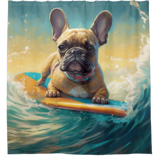 Frans Bulldog strand surfen schilderij Douchegordijn (Voorkant)