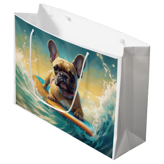 Frans Bulldog strand surfen schilderij Groot Cadeauzakje (Voorkant Gekanteld)
