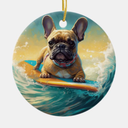 Frans Bulldog strand surfen schilderij Keramisch Ornament (Voorkant)