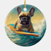 Frans Bulldog strand surfen schilderij Keramisch Ornament (Achterkant)