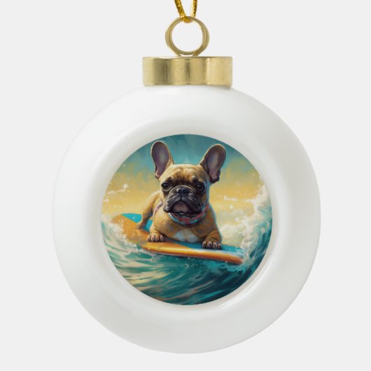 Frans Bulldog strand surfen schilderij Keramische Bal Ornament (Voorkant)
