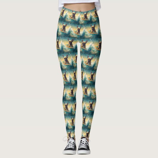 Frans Bulldog strand surfen schilderij Leggings (Voorkant)