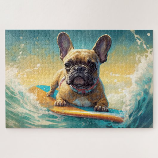 Frans Bulldog strand surfen schilderij Legpuzzel (Horizontaal)