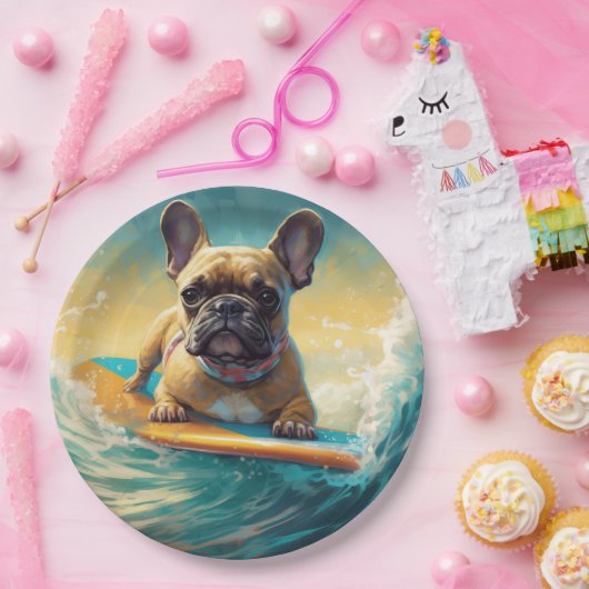 Frans Bulldog strand surfen schilderij Papieren Bordje (Feest)