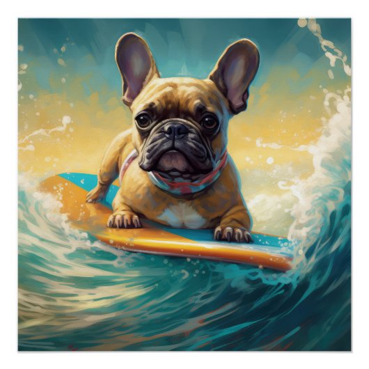 Frans Bulldog strand surfen schilderij Perfect Poster (Voorkant)