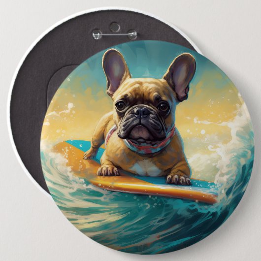 Frans Bulldog strand surfen schilderij Ronde Button 6,0 Cm (Voorkant /achterkant)