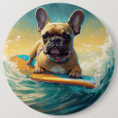 Frans Bulldog strand surfen schilderij Ronde Button 6,0 Cm (Voorkant)