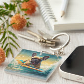 Frans Bulldog strand surfen schilderij Sleutelhanger (Voorkant Rechts)