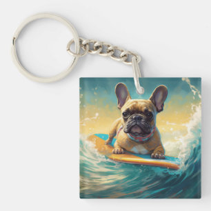 Frans Bulldog strand surfen schilderij Sleutelhanger
