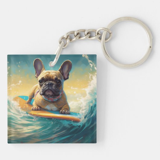 Frans Bulldog strand surfen schilderij Sleutelhanger (Achterkant)