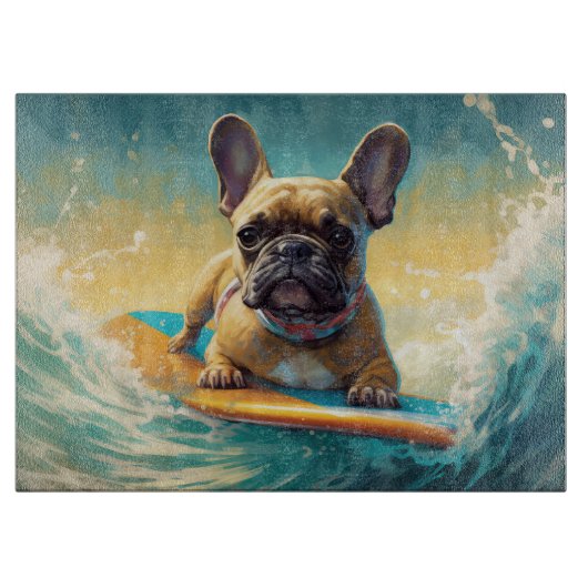 Frans Bulldog strand surfen schilderij Snijplank (Voorkant)