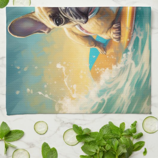 Frans Bulldog strand surfen schilderij Theedoek (Gevouwen)