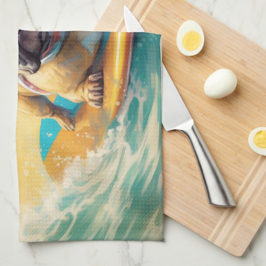 Frans Bulldog strand surfen schilderij Theedoek (Quarter Fold)