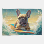 Frans Bulldog strand surfen schilderij Theedoek (Horizontaal)