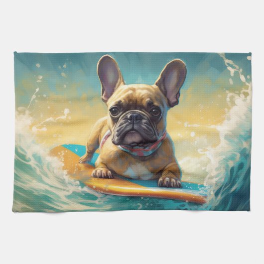 Frans Bulldog strand surfen schilderij Theedoek (Horizontaal)