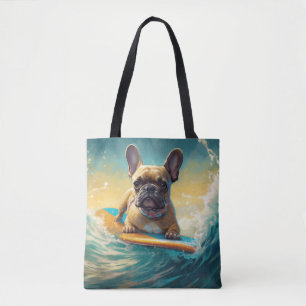 Frans Bulldog strand surfen schilderij Tote Bag