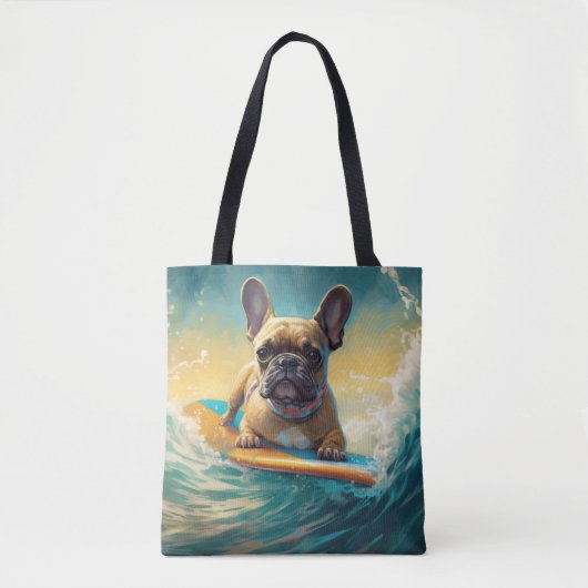 Frans Bulldog strand surfen schilderij Tote Bag (Voorkant)