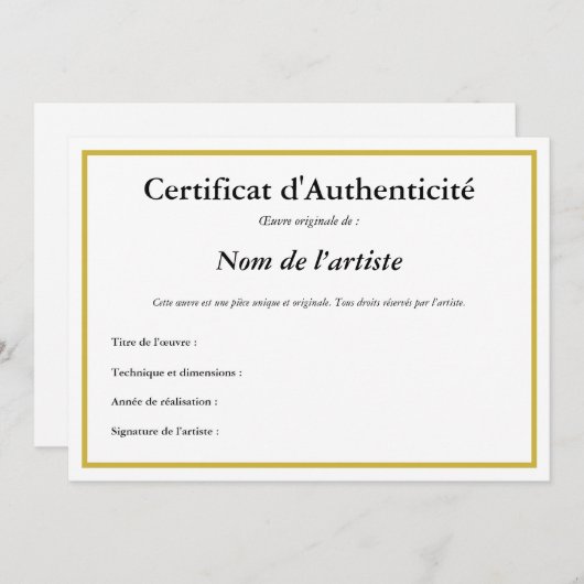 Frans certificaat van echtheid voor kunst kaart (Voorkant / Achterkant)