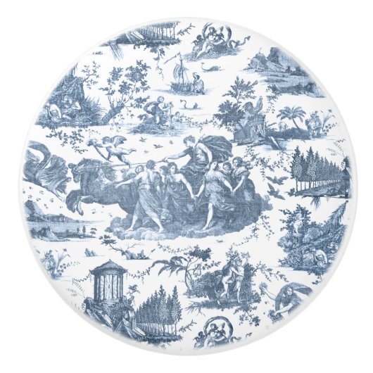 Frans Chariot Dawn Toile de Jouy-Blue Keramische Knop (Voorkant)