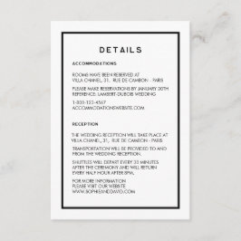 Frans chique minimale zwart & wit bruiloft details informatiekaartje