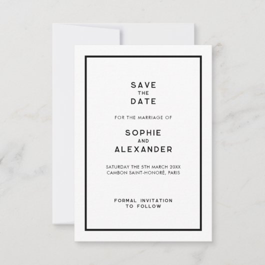 Frans Chique Minimale Zwart & Wit Bruiloft Save The Date (Voorkant)