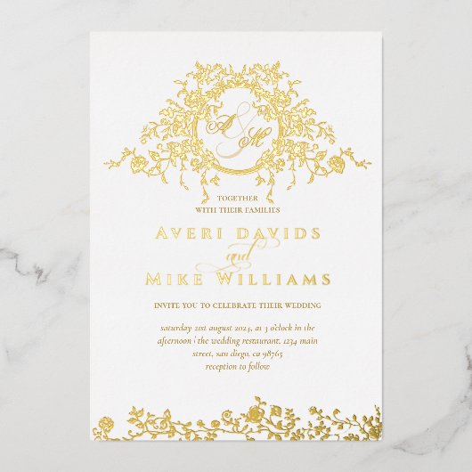 Frans Classic Elegant Goud Bloemen Bruiloft Folie Uitnodiging (Voorkant)