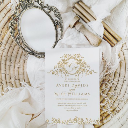  Frans Classic Elegant Goud Bloemen Bruiloft Kaart