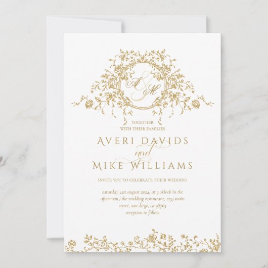  Frans Classic Elegant Goud Bloemen Bruiloft Kaart (Voorkant)