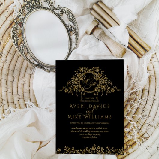  Frans Classic Elegant Goud Zwart Bruiloft Kaart