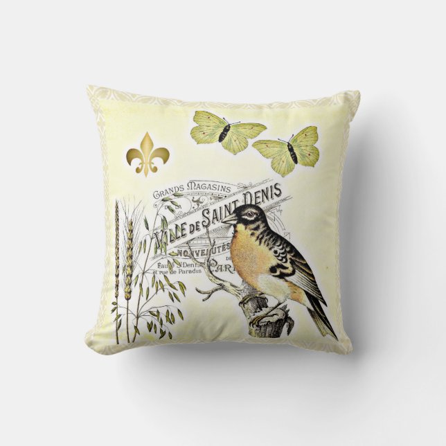  Frans collage Bird Butterfly Fleur Kussen (Voorkant)