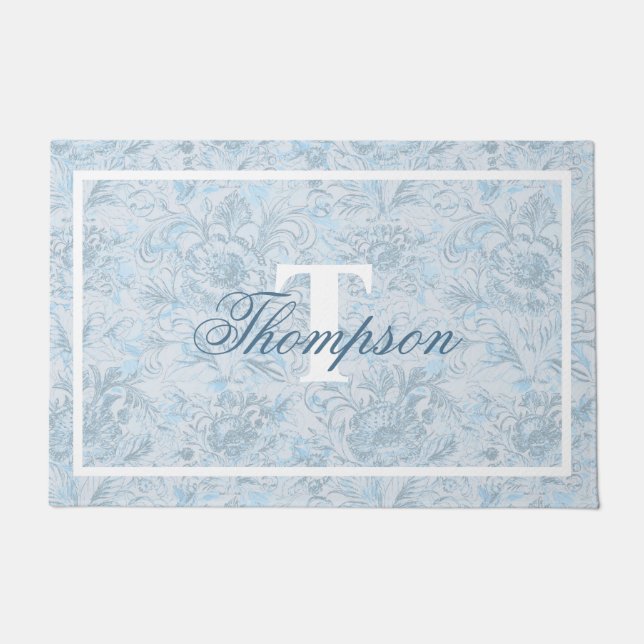 Frans Cottage Dusty Blue Floral Monogram Deurmat (Voorkant)