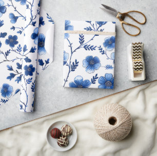 Frans Cottagecore Blauwe Bloemmotieven Tissue Pap Cadeaupapier