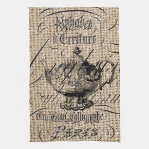 frans country burlap scripts theepot theekransje theedoek
