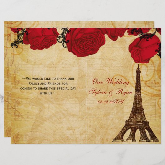 Frans Eiffel tower red folded Wedding Programme (Voorkant / Achterkant)