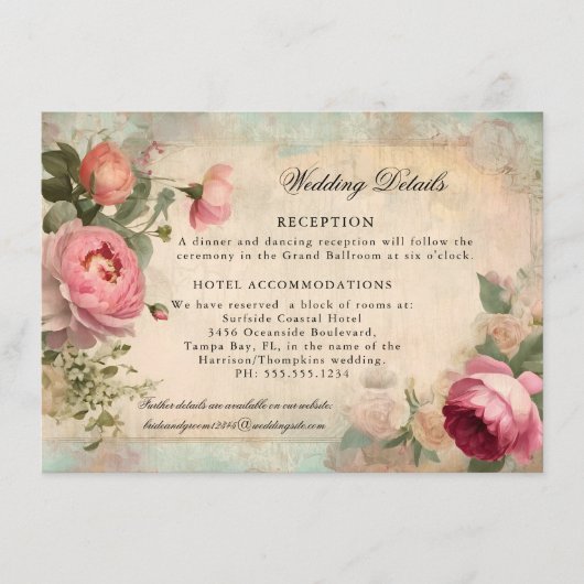 Frans Elegant Bloemen  Blauw Bruiloft Details Informatiekaartje (Voorkant)