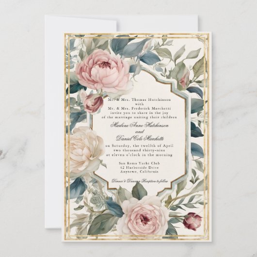 Frans Elegant Bloemen  Goud Classic Bruiloft Kaart (Voorkant)