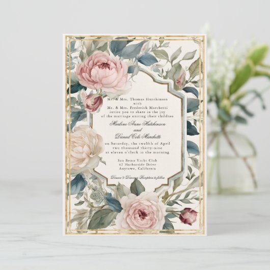 Frans Elegant Bloemen Goud Classic Bruiloft Kaart (Staand voorkant)