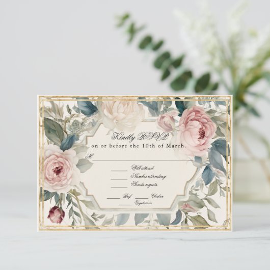 Frans Elegant Bloemen  Goud Classic Bruiloft RSVP Kaartje (Staand voorkant)