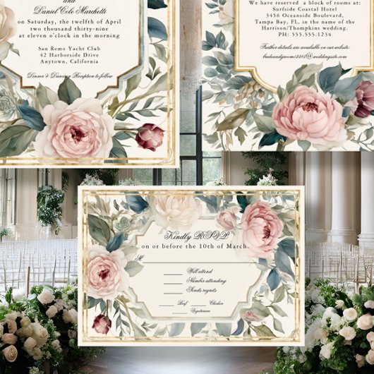 Frans Elegant Bloemen  Goud Classic Bruiloft RSVP Kaartje