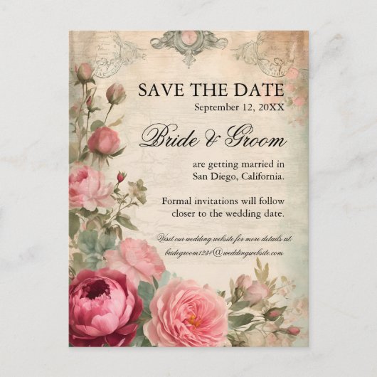 Frans Elegant Bloemenblauw  Junk Journal Aankondigingskaart (Voorkant)