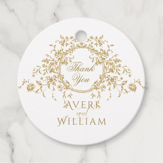 Frans Elegant Goud Flora Monogram Bruiloft Bedankjes Labels (Voorkant)