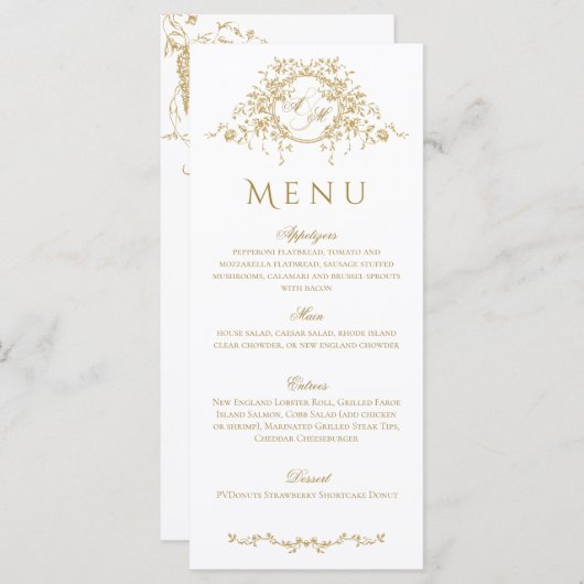 Frans Elegant Goud Flora Monogram Bruiloft Menu (Voorkant / Achterkant)