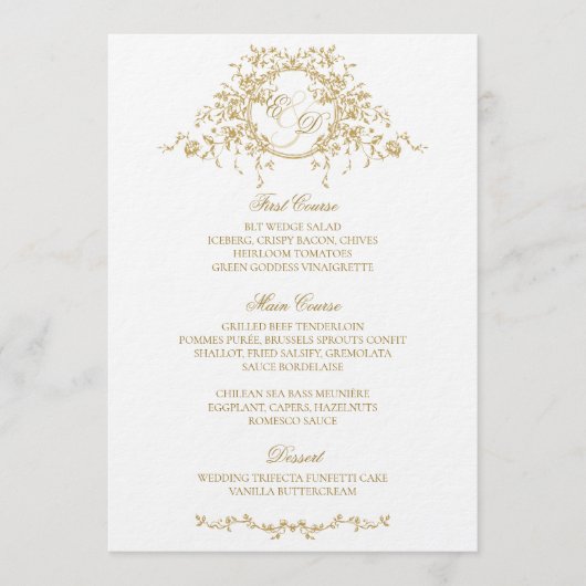  Frans Elegant Goud Flora Monogram Bruiloft Menu (Voorkant)