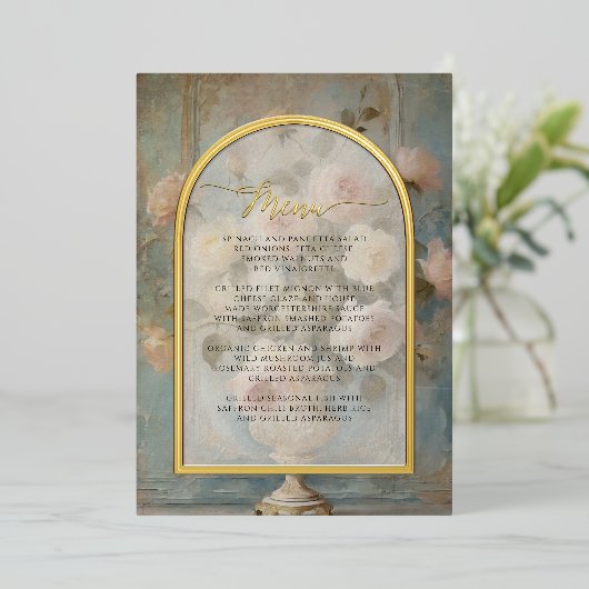 Frans Elegant Roze Bloemen  Roos Menu Folie Uitnodiging (Staand Voorkant)